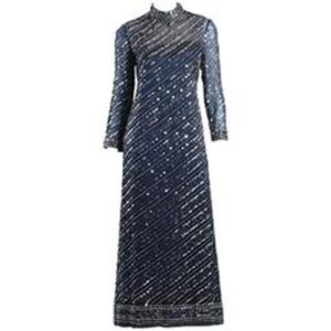 Navy Silk Brocade Evening Gown